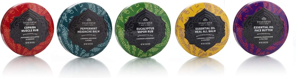 SVASTHYA BODY & MIND Essential Oil Balms Multi Pack Gift Set - Includes Muscle Rub, Headache Balm, Vapor Rub, Heal All Balm and Face Butter - Made in The USA, 1 ea -5 Pack