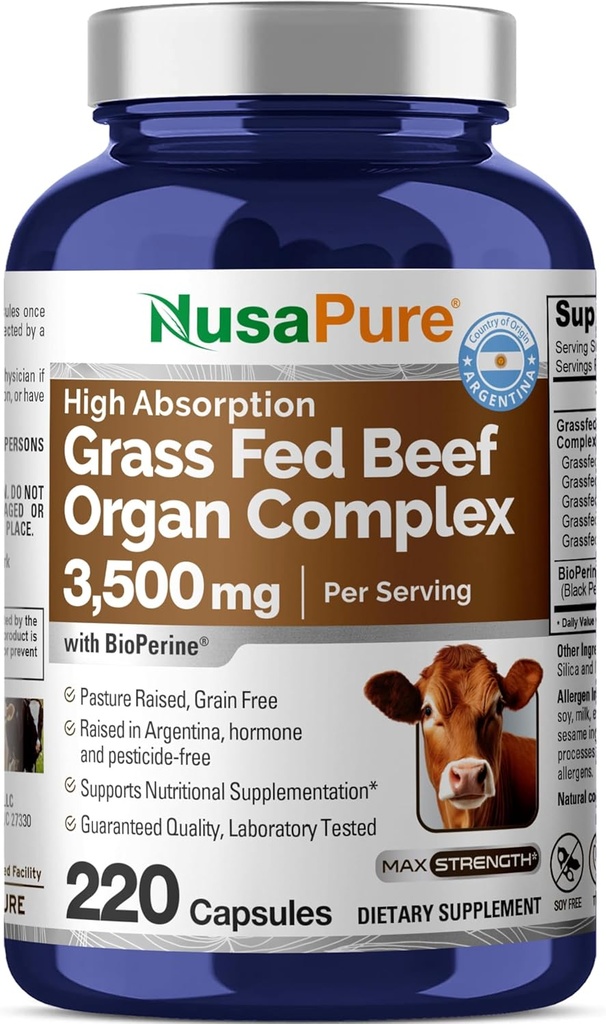 NusaPure Gras Fez Beef Òpita complex de l'Organització 220 Capules CE Pasture Konked amb Desiccat Liver, Kidney, Pancreas, Coró, Spleen Syfree-GO, Bioperina
