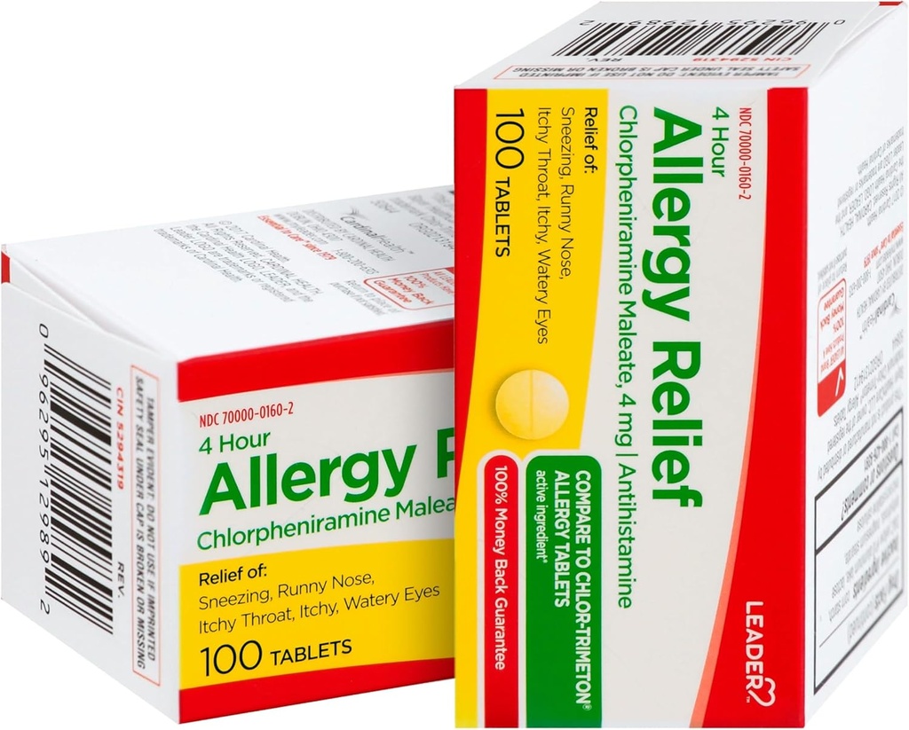 Soporte de alerxia de 4 horas, Tablets Maleate Chlorpheniramine, Antihistamine, 4 mg, 100 Conde, Pack de 2