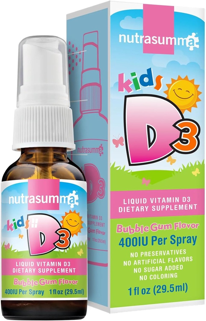 Nutrasumma Kids D3 vitamīns 400 SV Spray burbulis gum Flavor-1oz- dabiski augsts absorbcijas līmenis atbalsta kaulu aktivizē Imūnsistēmas vitamīnu piedevas