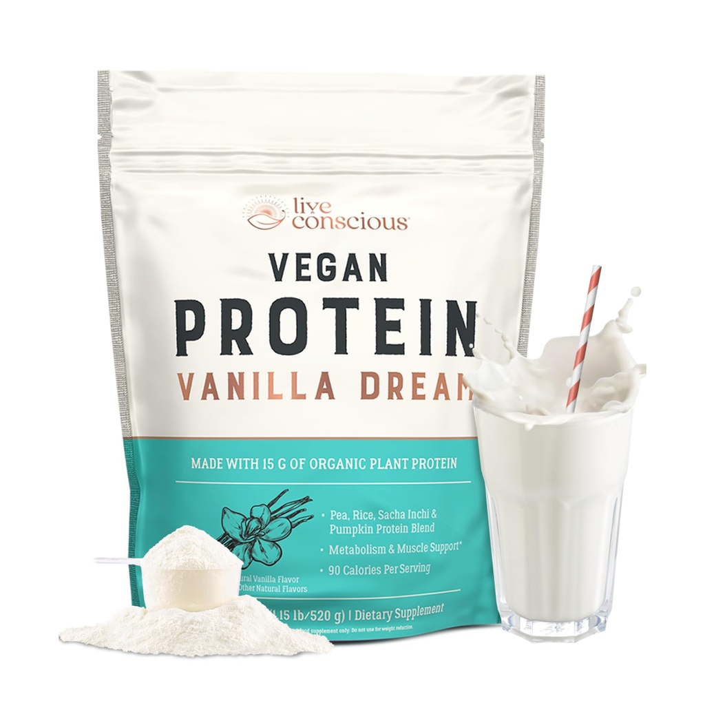 Live Conscious Vegan Pea Protein Powder - Vanilla Dream Flavor | Plant-Based Vegan Protein Blend - Pea, Brown Rice, Pumpkin, Sacha Inchi | 20 Servings 18 oz