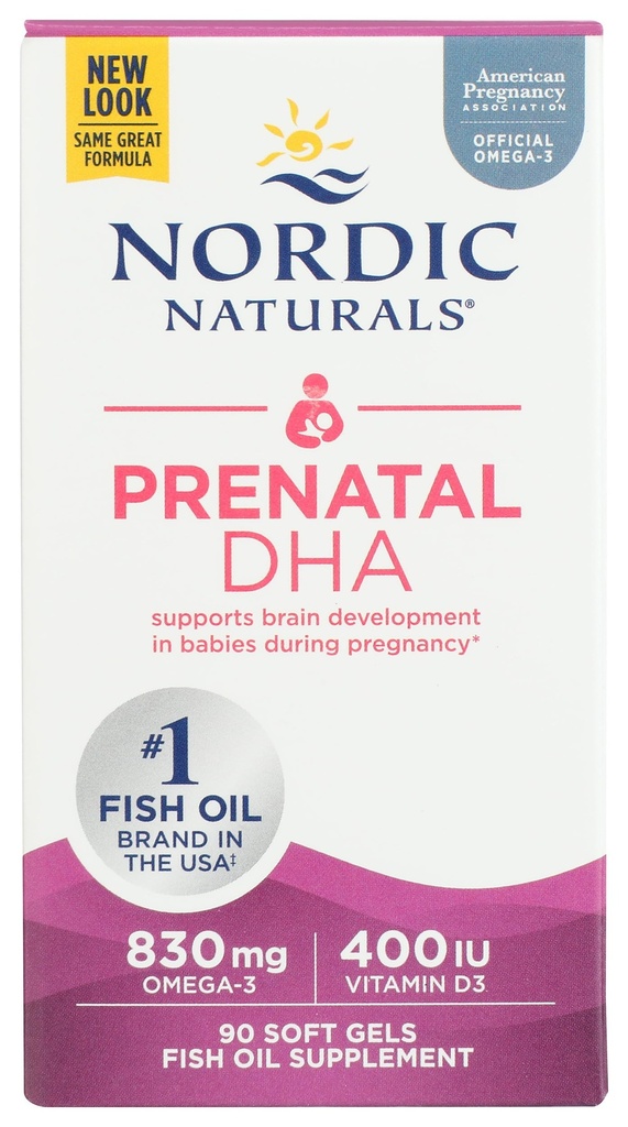 Nordic Naturals Prenatal DHA, Unflavored - 830 mg Omega-3 + 400 IU Vitamin D3 - 90 Soft Gels - Supports Brain Development in Babies During Pregnancy & Lactation - Non-GMO - 45 Servings