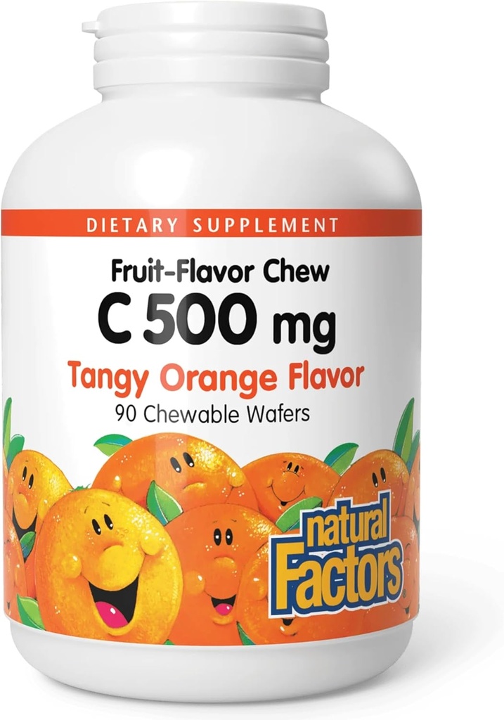 Faktor Natural, Vitamin C 500 mg, Anak-anak Cheable untuk Mendukung Tulang dan Gigi Sehat, Tangy Orange, Vegan, Non-GMO, 90 wafer (90 wafer)