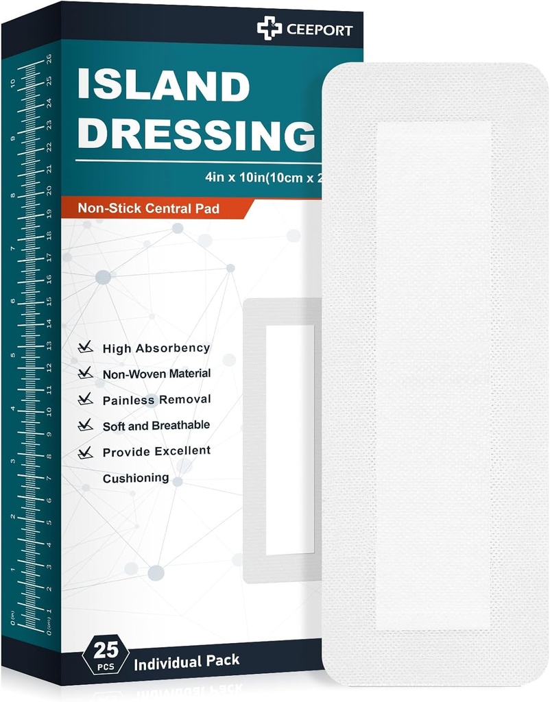 Island Dressing Bordered Gauze 4 "x10", 25 individualmente embalado não-Stick Pad no centro com borda adesiva, suave e altamente absorvente médico grau Dressing Gauze Pad para cuidados de ferida e primeiros socorros