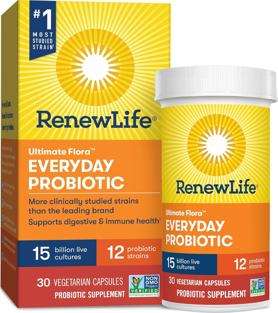 Renew Life Everyday Probiotic Capsules, Daily Supplement Supports Urinary, Digestive and Immune Health, L. Rhamnosus GG, Dairy, Soy and Gluten-Free, 15 Billion CFU, 30 Count