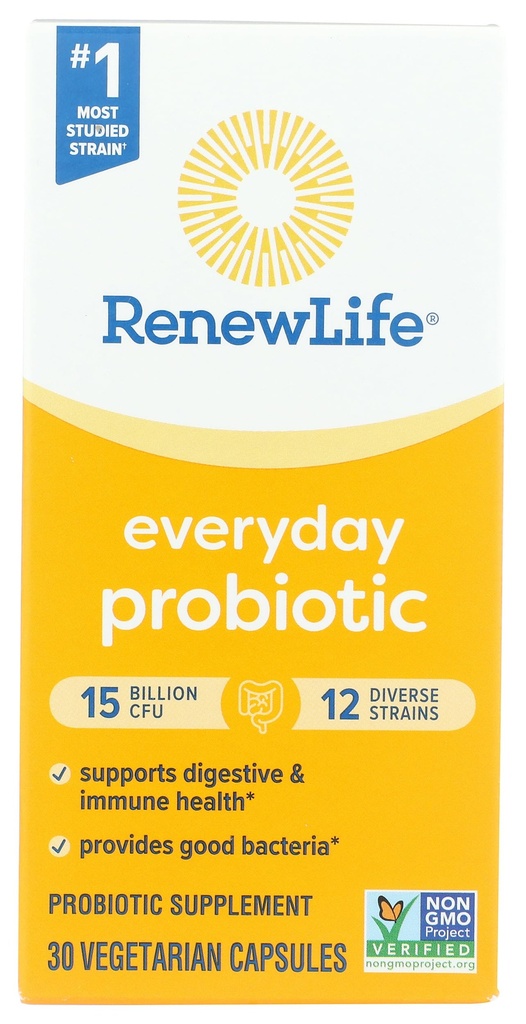 Renew Life Everyday Probiotic Capsules, Daily Supplement Supports Urinary, Digestive and Immune Health, L. Rhamnosus GG, Dairy, Soy and Gluten-Free, 15 Billion CFU, 30 Count