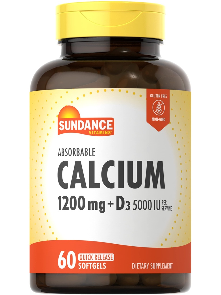 Sundance Calcium 1200 mg with Vitamin D3 5000 IU | 60 Absorbable Softgels | Non-GMO & Gluten Free Supplement