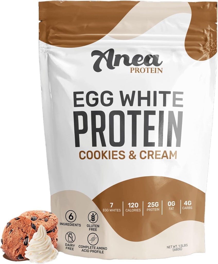Anea Egg White Protein Powder 25g Proteína Livre de Lacticínios, sem glúten, sem gordura, aminoácidos, alto valor biológico, 1,5 libra (Pacote de 1), biscoitos e creme)