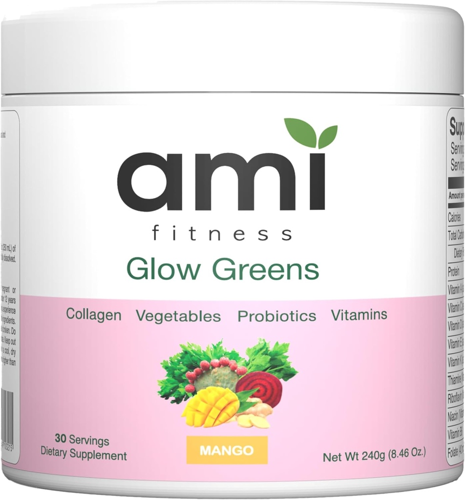 Glow Greens Powder, Collagen con Probióticos, Vitaminas, Enzimas Digestivos, Superfoods, Gut Health, Bloating Relief, Skin Radiante, Natural Glow, Spirulina, Juice Mix, 30 SVG, Mango