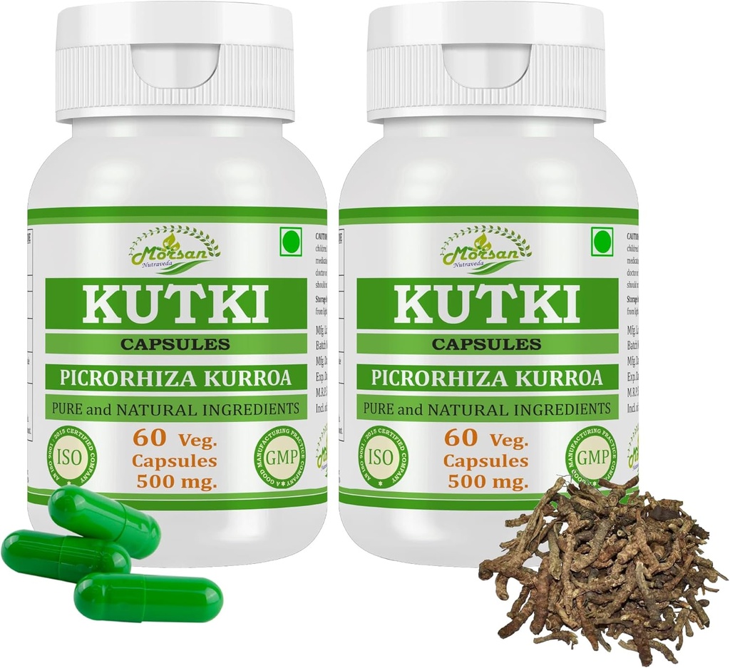 Tự nhiên và nguyên chất PCRORHIZA KURROA (Kutki) Trích dẫn Capsules pusuest Potency, 100% Herbalt gói 60 X 500 mg. Vesules (Pack of 2 Jar)