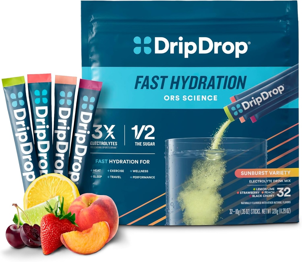 DripDrop Hydration Packets - Sunburst Variety Pack - 단일 Serve Electrolytes Powder Drink Mix - 레몬 Lime, Strawberry, Peach, Black Cherry - Non-GMO, Gluten Free, Vegan - 32 스틱