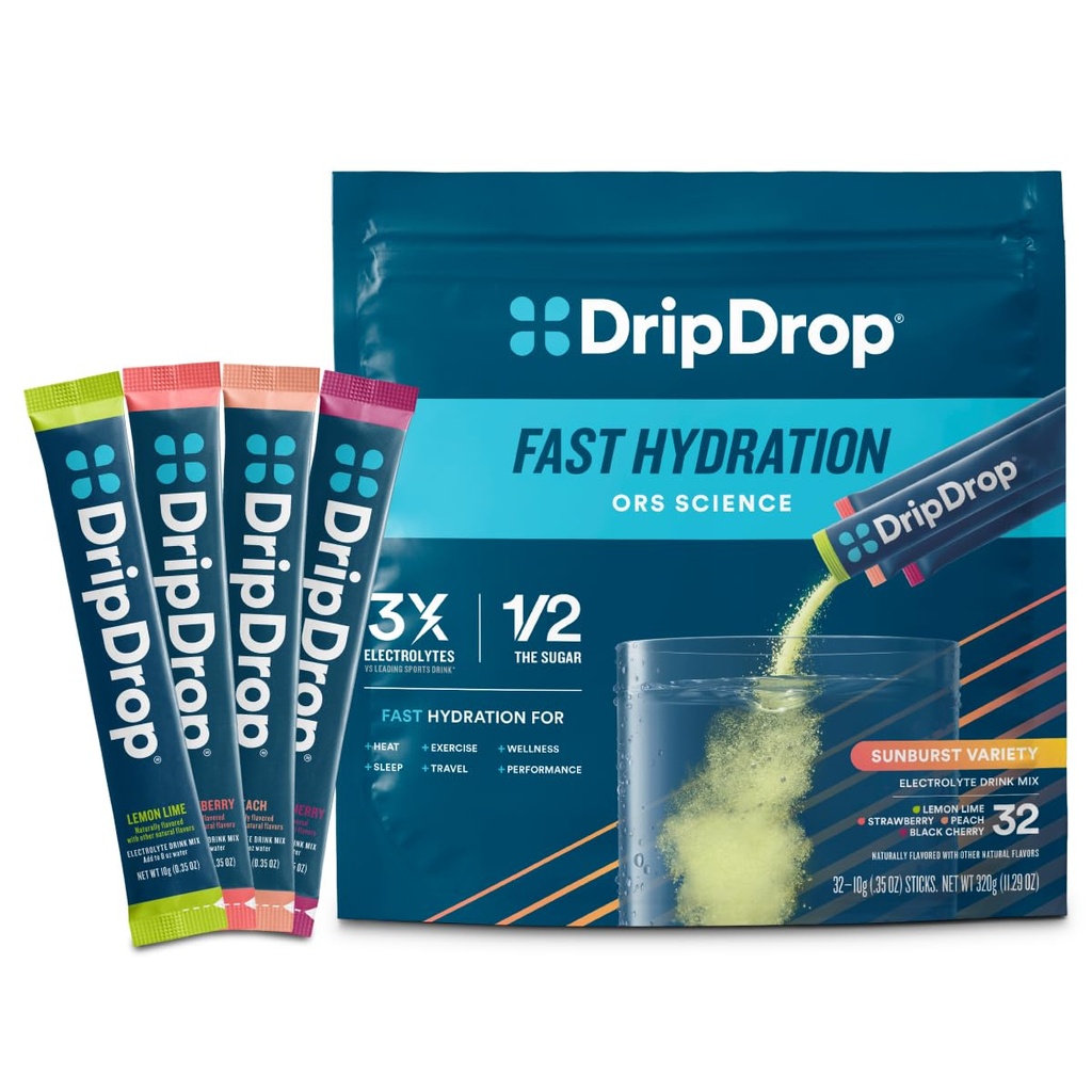 DripDrop Hydration Packets - Sunburst Variety Pack - Single Serve Electrolytes Powder Drink Mix - Lemon Lime, Strawberry, Peach, Black Cherry - Non-GMO, Gluten Free, Vegan - 32 Sticks
