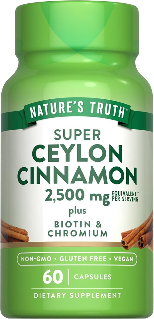 Cápsulas de Cinnamon de Ceilão da Verdade da Natureza, 2500mg, mais Chromium e Biotin, 60 Count, Vegan, Non-GMO & Gluten Suplemento gratuito