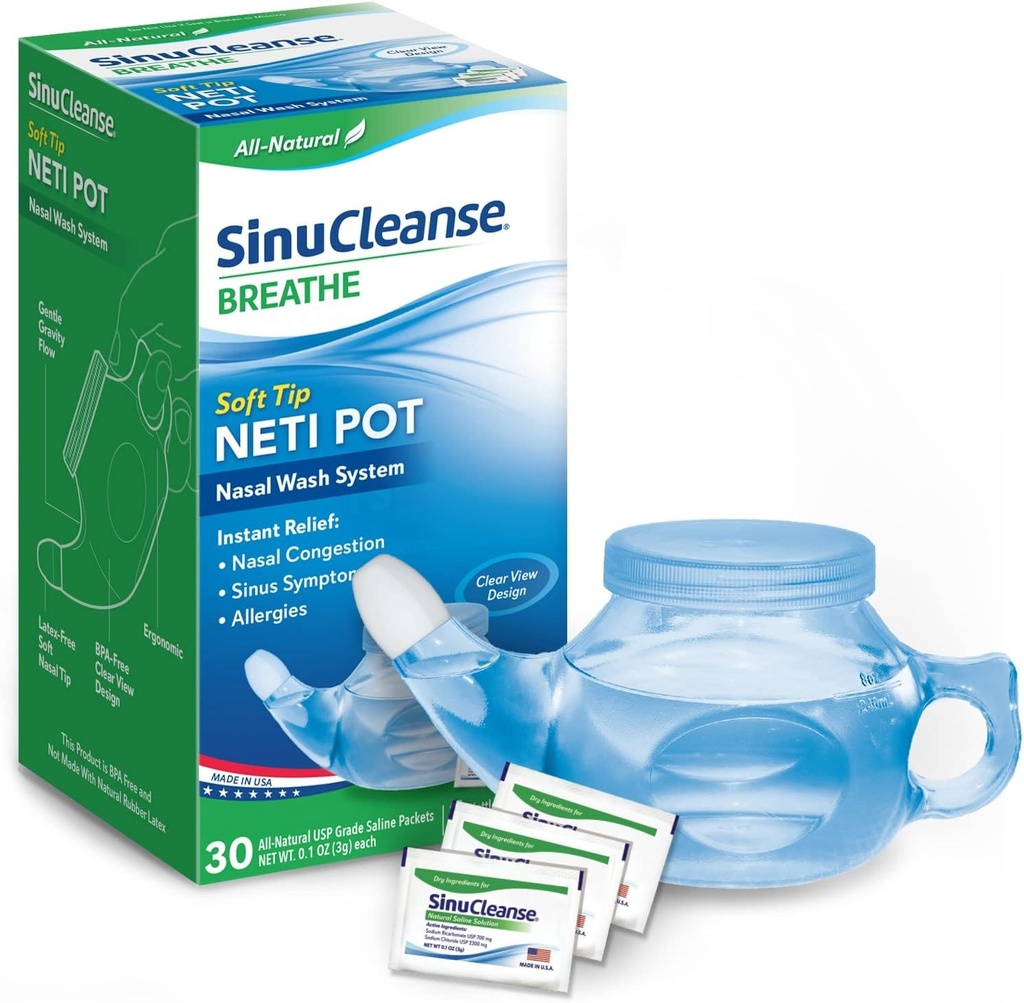 SinuCleanse Soft Tip Neti Pot Nasal Wash System, Relieves Nasal Congestion Cold & Flu, Dry Air, Allergies, 30 All-natural Saline Packets, Estatu Batuetan egina