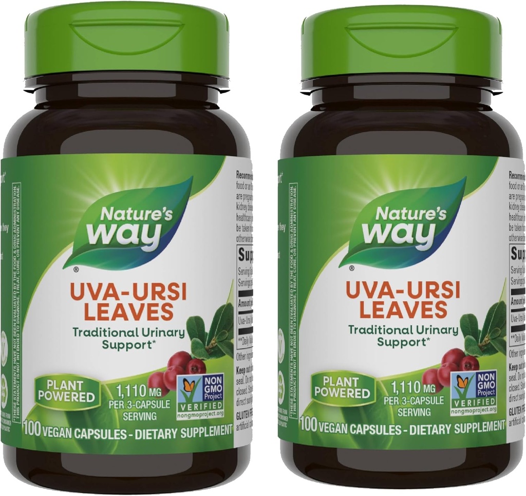 Naturens måte Uva Ursi Leaves, Tradisjonell urinstøtte*, 1,110 mg per 3-kapsule servering, ikke-GMO-prosjekt verifisert, Herbal kosttilskudd, 100 vegansk kapsler (pakke May Vary) - 2 Pakke