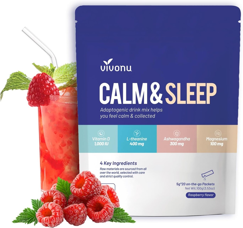 VivoNu Calm & Sleep Powdered Drink Mix Raspberry L Theanine Ksm-66 Ashwagandha Magnesium Glycinate Vitamin D 3 Supplements for Relaxation & Focus (VSC_M2)
