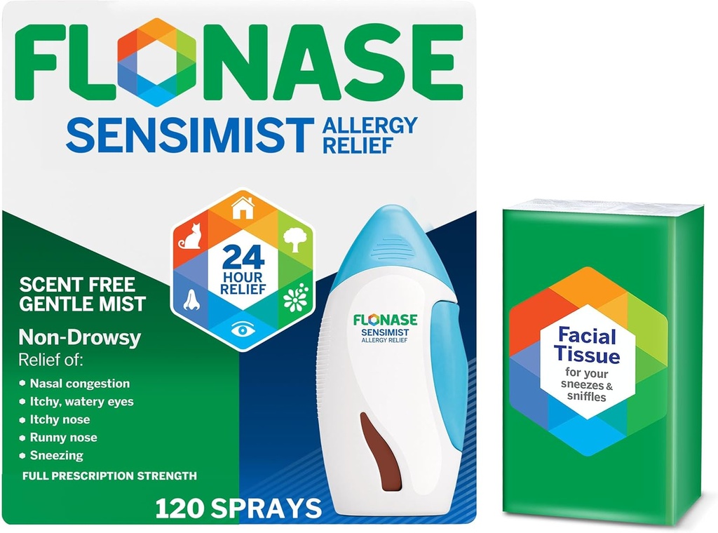 Flonase Sensimist 过敏性肾上腺增生剂 - 非沉淀性24HR 耐久性过敏性增生剂 精细无刺的雾 - 120 Sprays Plus Bonus 包组织