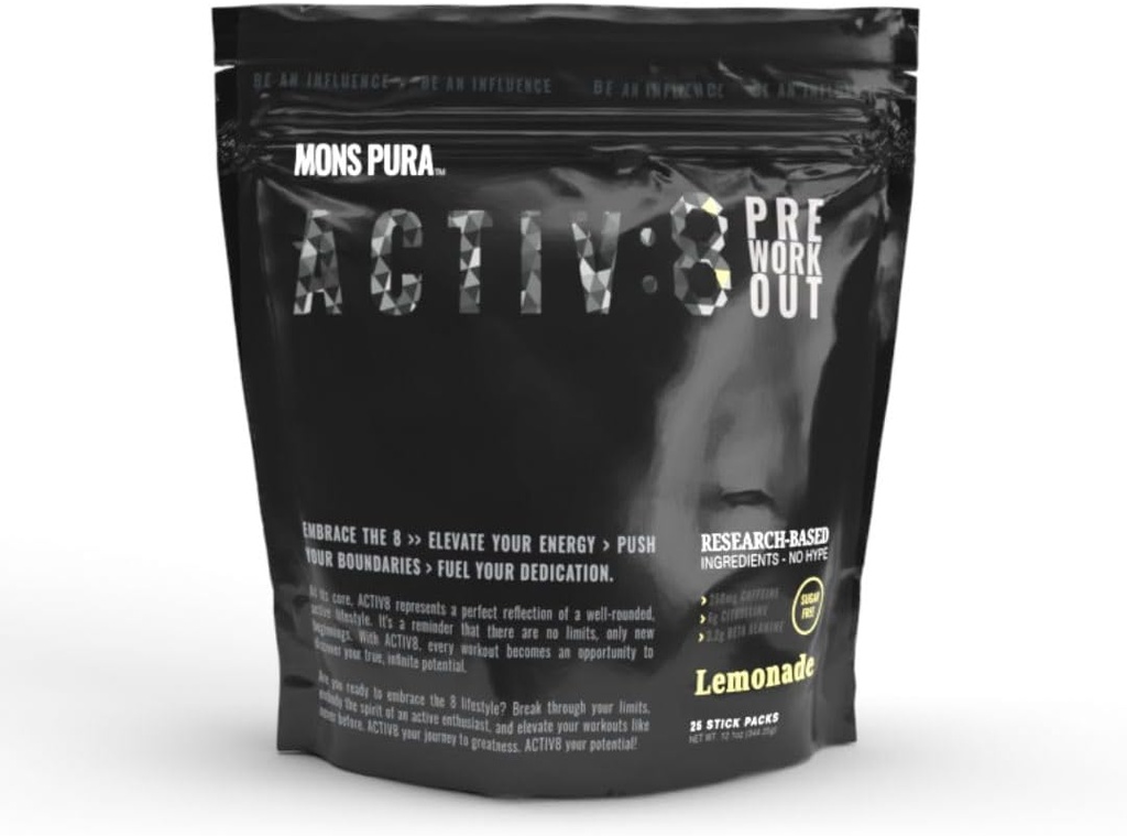 Active8 Pre- Workout Lemonade Pouch: Energetika Seminarai su moksliniais tyrimais - pagrįstas ingredientų - 250mg Kofeinas, Sugarinis nemokamai 25 Stick Pack
