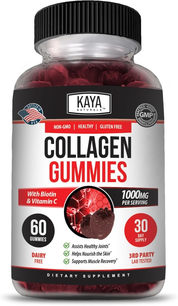 Kaya Naturals Collagen Gummies meestele ja naistele Täiendus | Nature Made Gummies - 1000mg hüdrolüüsitud kollageeni, C-vitamiini, seleeni ja biotiini, maasikamaitse - 60 Count Gummies
