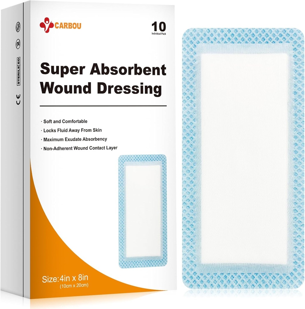 Cbou Super Absorbit Wound Dresing Pads 4"x 8," 10 paquets individuals, Abjecting Absordent Bandes per Wound Care, Softment Absorbiting Dres, Non Stick Gauze Pads per Wounds