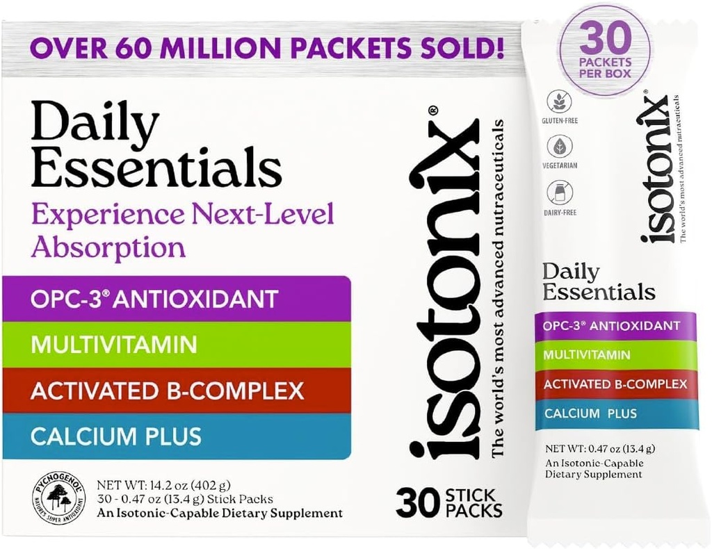 Izotonix® Daily Essentials Multivitaminski paketi v prahu – 4-v-1 Formula z multivitaminom, Aktivirani B-kompleks, kalcij Plus & OPC-3 s Pycnogenol® – Izotonična dostava – Gluten Free-30 Packets