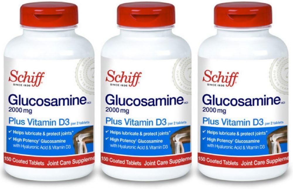 Schiff Glucosamine 2000mg with Vitamin D3 and Hyaluronic Acid, 150 Tablets - Joint Supplement (Pack of 3)