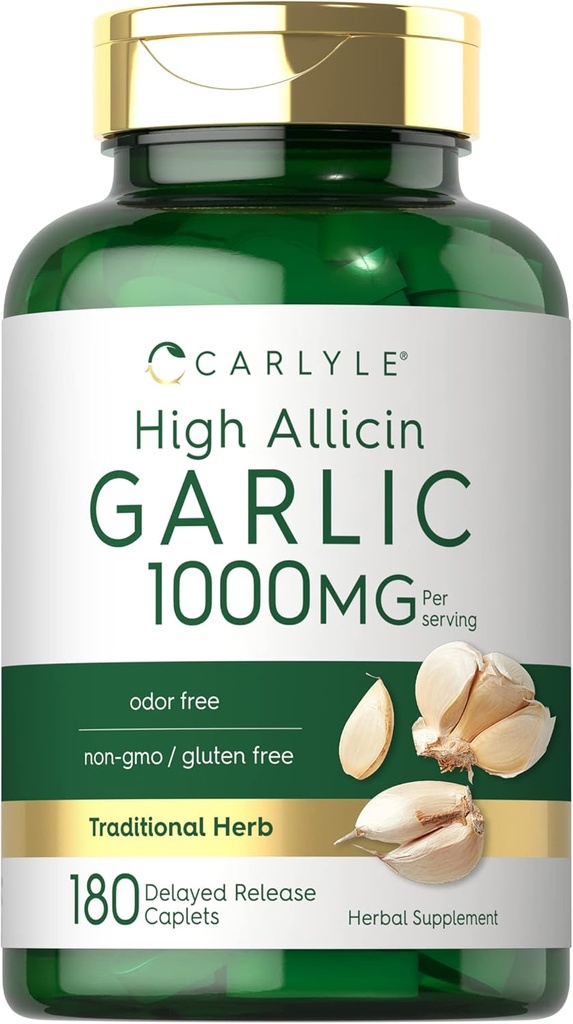 Carlyle Garlic supplement 1000mg - 180 Caplets - Odorless Pills - High Allicin Extract , Vegetarian, Non-GMO Free
