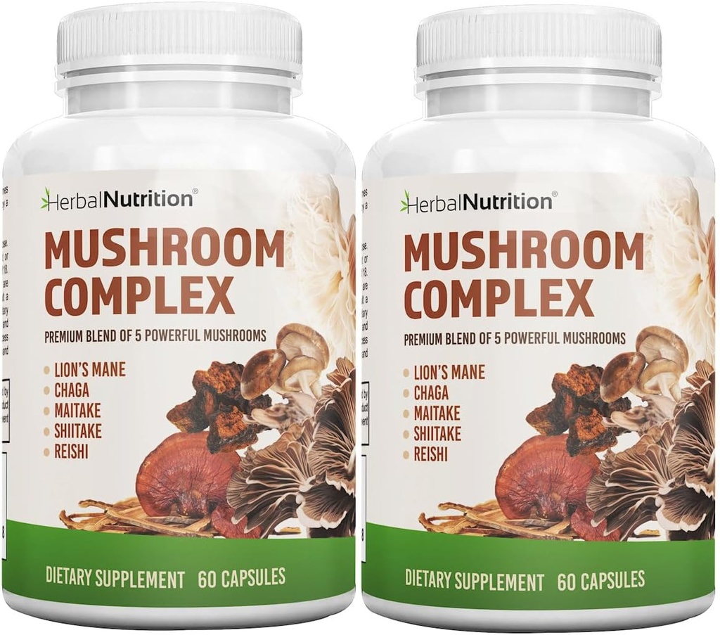 Herbal Nutrition Mushroom מורכב 700 מ"ג עד 1400 מ"ג. חמשת המטאטאים החזקים ביותר - Lions Mane, Reishi, Chaga, Maitake, Shiitake - תמיכה בבריאות החיסון, Nootropic Brain Health for Memory & Focus