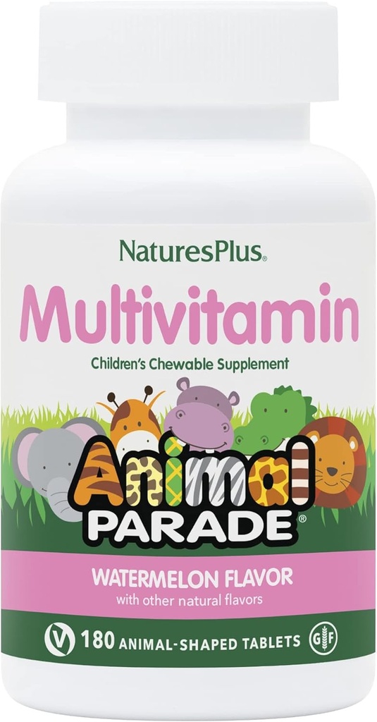Natures Plus Animal Parade Laste näritav multivitamiin, arbuus - 180 loomakujulist tabletti - edendab tervist ja heaolu - vegan, gluteenivaba - 90 serveerimist