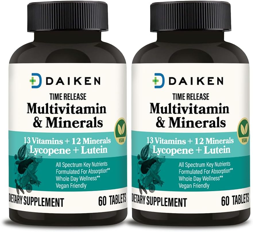 DAIKEN Mini Multivitaminų, 60 tablečių, sustiprintos Lutein, likopeno ir folikinės rūgšties, laiko išlaisvinimo multivitaminų moterims ir vyrams, Vegan & lengva nuryti (2 tablečių pakuotė)