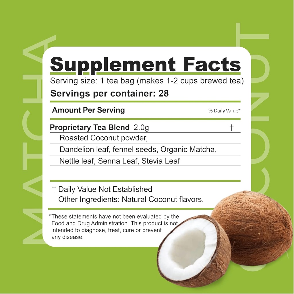 Dr. Zisman ZT deyil - Matcha-Coconut Herbal Tea Senna Leaf- Antioksidan Effects ilə çıxış - 28 Gün Wellness Çıxış (28 Çay Çanta)