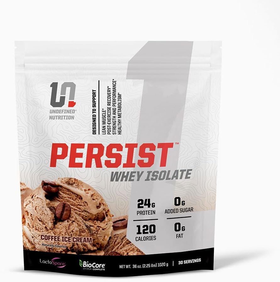 Undefined Nutrition Persist Whey Isolate by Brian Shaw - 24g Protein, 30 Servings – Supports Recovery, Strength ' Performance - Gluten Free, Fast Absorbing (2.18lbs, coffee Ice Cream)