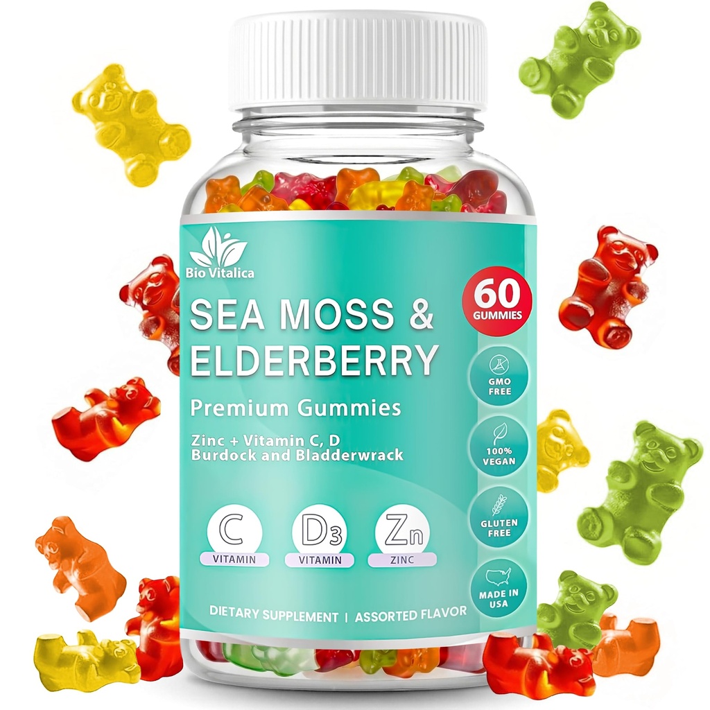 BIO VITALICA Irish Sea Moss Gummies with Elderberry – USA Made Vegan Gummies with Vitamin C, D & Zinc – Immune Support Supplement with Bladderwrack & Burdock Root for Adults & Kids – 60 Count