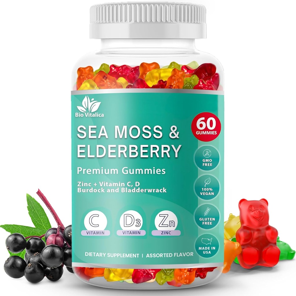 BIO VITALICA Moss Gummies Elderberry Biologica - Vitamin C D + Zinek - Irský Seamoss Vegan Gummy s Moss Moss Gel & Powder for Immunity, Detox - pro dospělé a děti