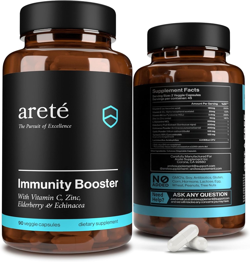 Premium Immunity Booster תוסף - 10 in 1 Natural Respiratory & Immune System Booster, 90 קפסולות, ויטמין C, Zinc, Elderberry, Turmeric Curcumin, Garlic, Probiotic Immune Boost ויטמינים תמיכה
