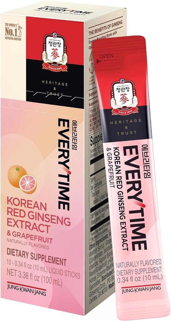 JUNG KWAN JANG Cada vez Coreano Red Ginseng Extracto 1000mg " Grapefruit - Vegan Ginseng Root Energy Drink Liquid Stick Suplementos - Construye resistencia " inmunidad, sin cafeína (10 Sticks, 0.34 fl oz)