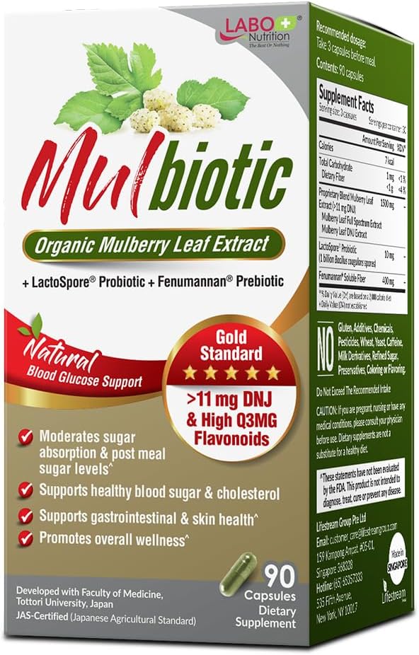 LaBO Nutrition Mulbiotic Capsule, Organic Mulberry Leaf Extract + LactoSpore Probiotic & Fenumannan Prebiotic, for Healthy Carb Cravings Support, Vegetarian, Non-GMO