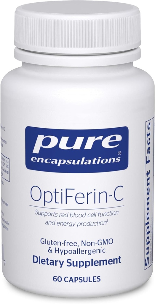 Encapsulations pures OptiFerin-C - pour les globules rouges et l'énergie - Soutien à l'absorption de fer - Supplément énergétique* - Vitamine C enrichie - Sans gluten et sans OGM - 60 capsules