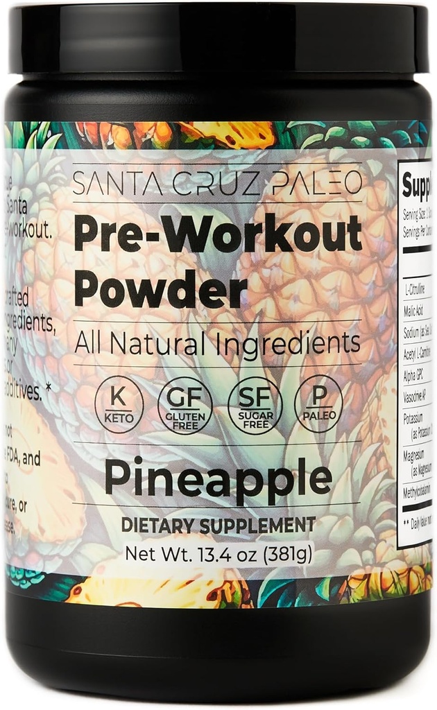 Santa Cruz Paleo Pre Workout Powder Electrolytes, Magnesium, Kalium, Sea Salt & L Citrulline, Koffein & Sugar Gratis Preworkout Drink Mix för energi & Hydration, Pineapple smak, 30 portioner