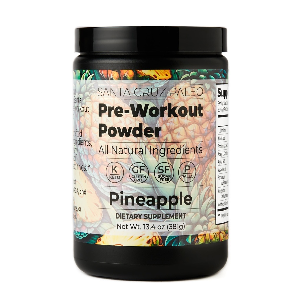 Santa Cruz Paleo Pre Workout Powder Electrolytes, Magnesium, Potassium, Sea Salt & L Citrulline, Caffeine & Sugar Free Preworkout Drink Mix for Energy & Hydration, Pineapple Flavor, 30 Servings