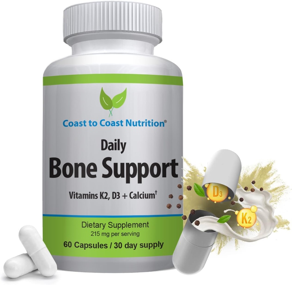 Daily Bone Support: Calcium Supplement with Vitamin D3, K2 - Supplement for Bones – Ideal for Older Adults, Postmenopausal Women, Athletes - 60 Vegetarian Capsules