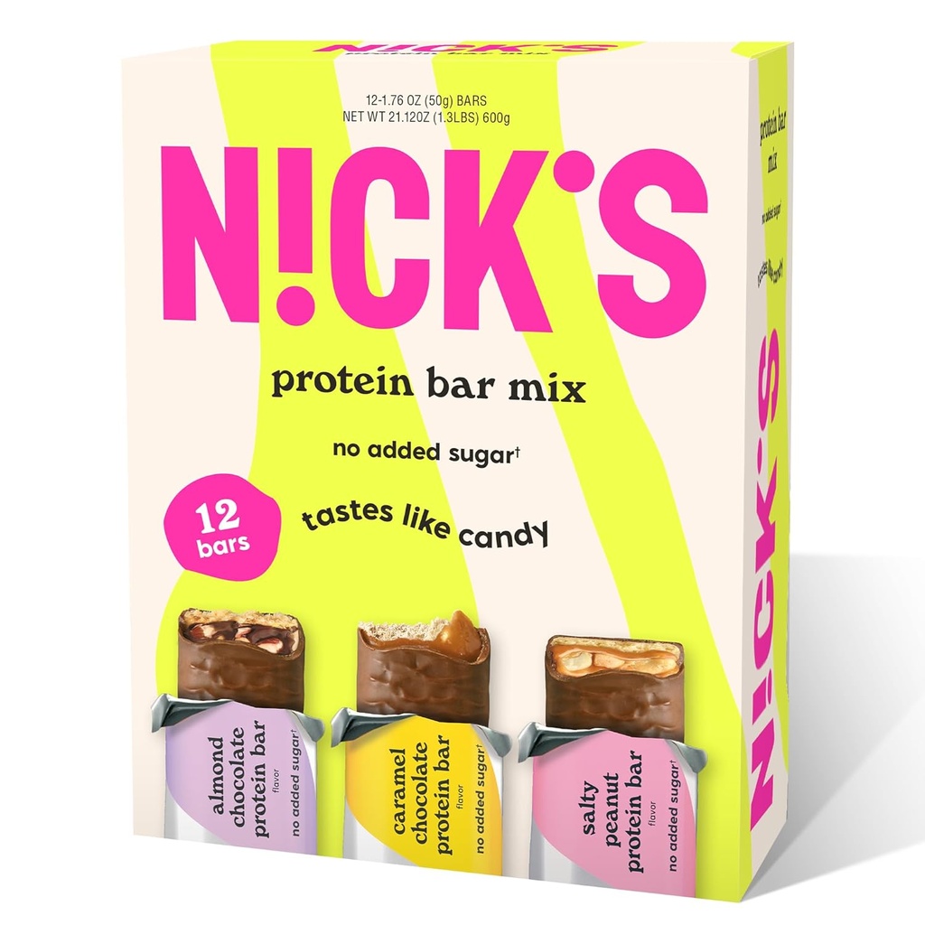 Nick's Protein Bar sô-cô-la multiety Pack High Protein, Low Calies, Low Carb Keto Friendly Grates No Added Sugar, Salty đậu phộng, Chocolate Caramel và Almond Chocolate (12 gói)