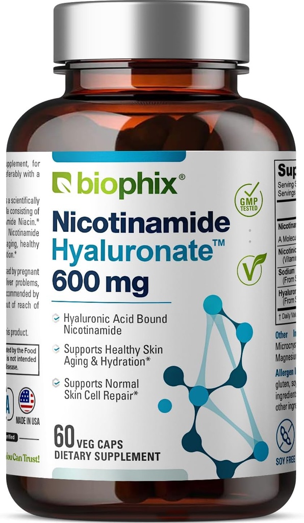 Nikotinamid Hyaluronat 600 mg 60 Vcaps - Natural Flush-Free | Gluten-Free Nicotinic Amide Niacin | Hyaluronsyra | Stöder hudhälsa | Hälsosamt Cell Repair Support
