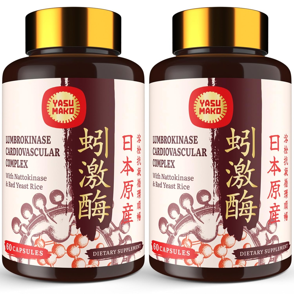 Lumbrokinase 100mg (Max Activity 1,000,000 LKU),Nattokinase 100mg-2,000 FU of Activity and Red Yeast Rice 300mg, Lumbrokinase Enzymes Supplement for Circulatory,Cognition,120 Capsules(Pack of 2)