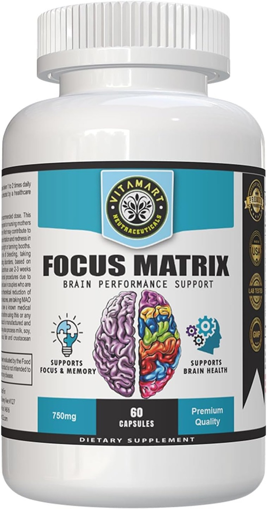 Focus Matrix (1 flacon) Brain Health Supplement- pentru o mai bună concentrare, memorie, Atenție, Concentrare, Ginkgo biloba Leaf, Bacopa Monnieri, Focus Pilula