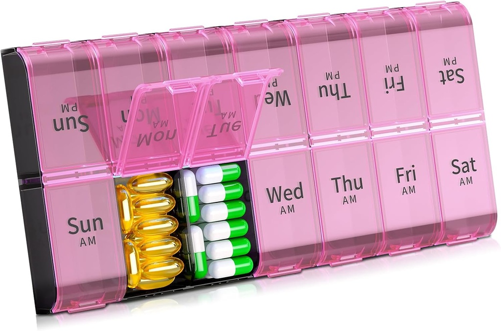 Daviky XL Gran organizador semanal de píldoras 2 veces al día, Extra Big 7 Day Pill Box AM PM, Daily Pill Case Medicine Organizer with 14 Compartments, Day Night Container for Fish Oils, Vitamina, Suplemento