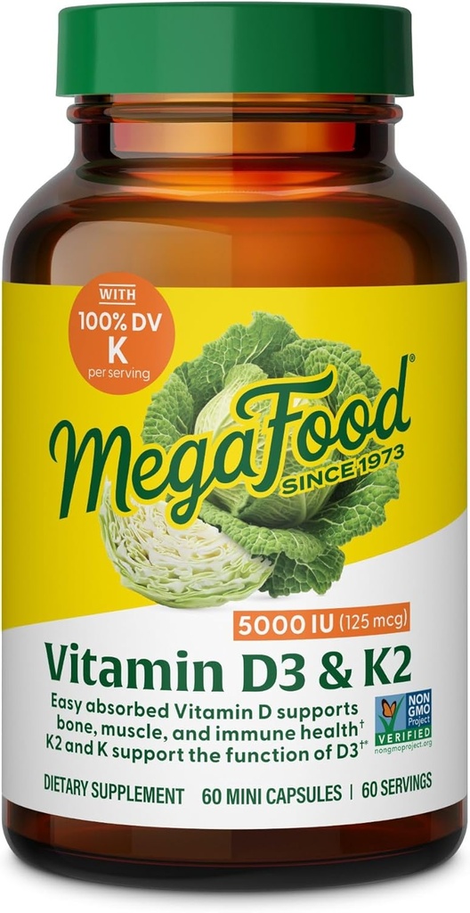MegaFood Vitamin D3 5000 IU (125 mcg) - Vegetarian supplements with Vitamin D3 K2 - Supports Bones, Teeth, Muscles ' Immune Health - Certified Non-GMO - 60 Mini Capsules, 60 Servings
