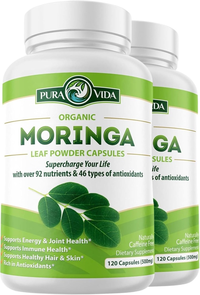 PURA VIDA MORINGA kapsulas Viena izcelsme Organic Moringa pulveris. Moringa Leaf. Enerģija, Metabolisms, & Imūnsupport. 120ct. 500mg vāciņi. (Iepakojums no 2)