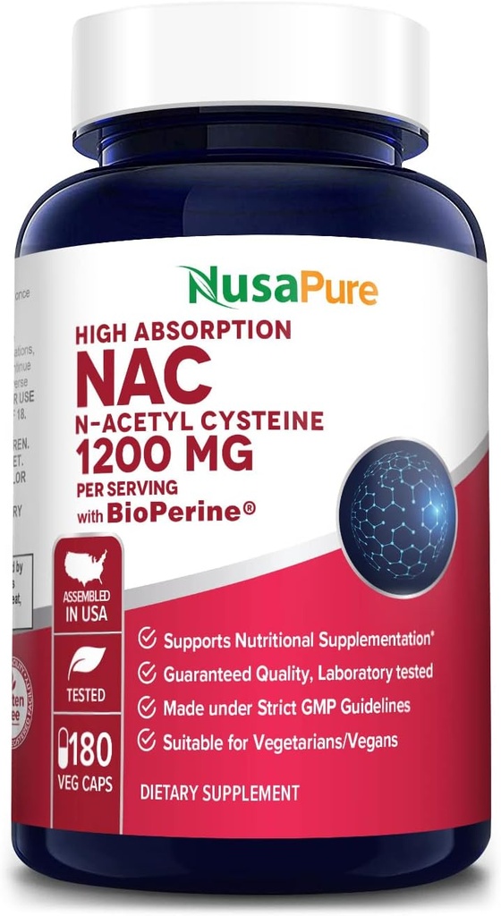 NusaPure N-Acetil Cistein (NAC) 1200mg 180 Veggie Caps (vegetarijanska, ne-GMO, Gluten Free) Bioperine