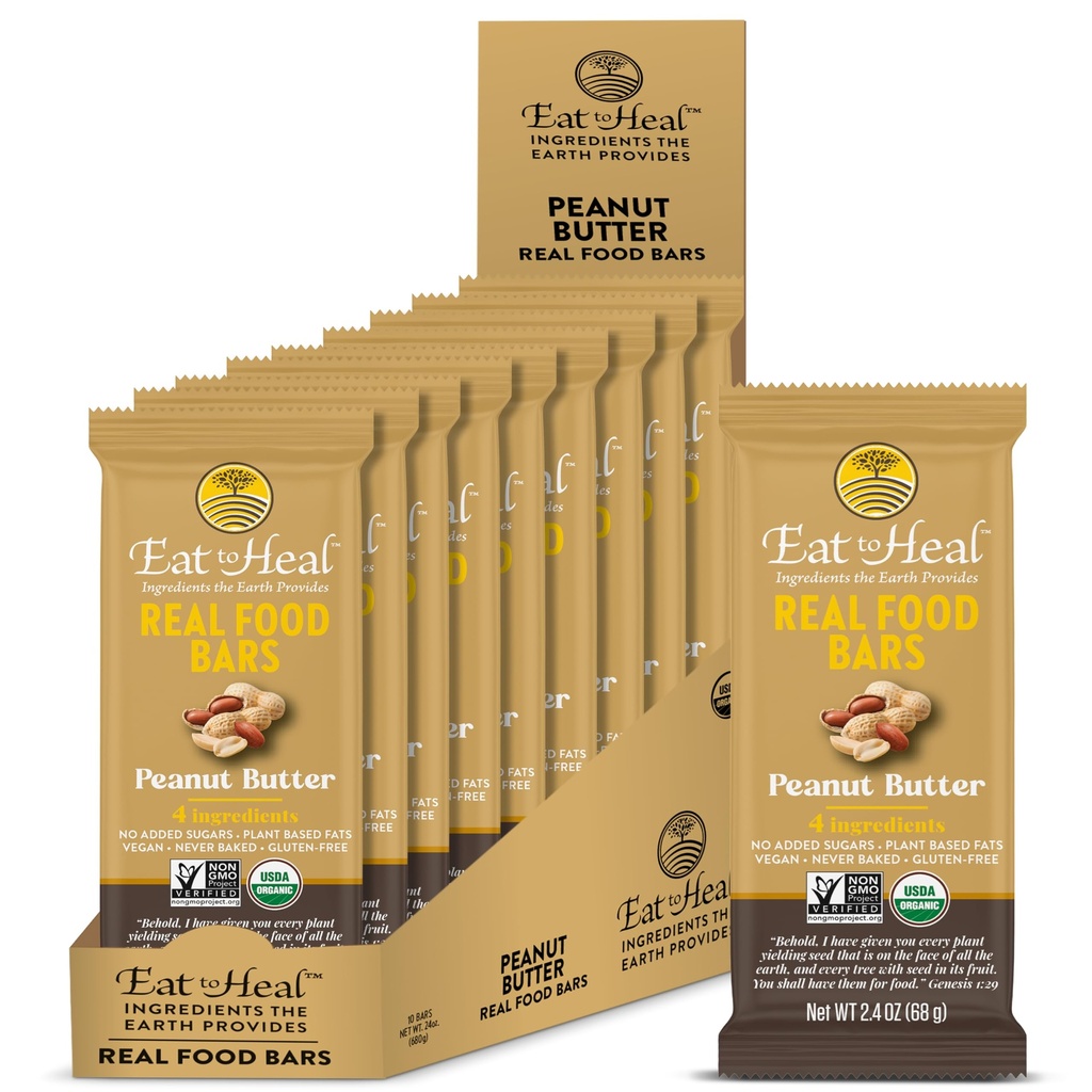 EatToHeal Peanut Butter Real Food Bar - Organic Vegan Healthy High Protein Bars - Low Sugar Meal Replacement, Non GMO, Never Baked, Plant Based, Gluten Free - Crafted to Enjoy, Not Sit on Shelves